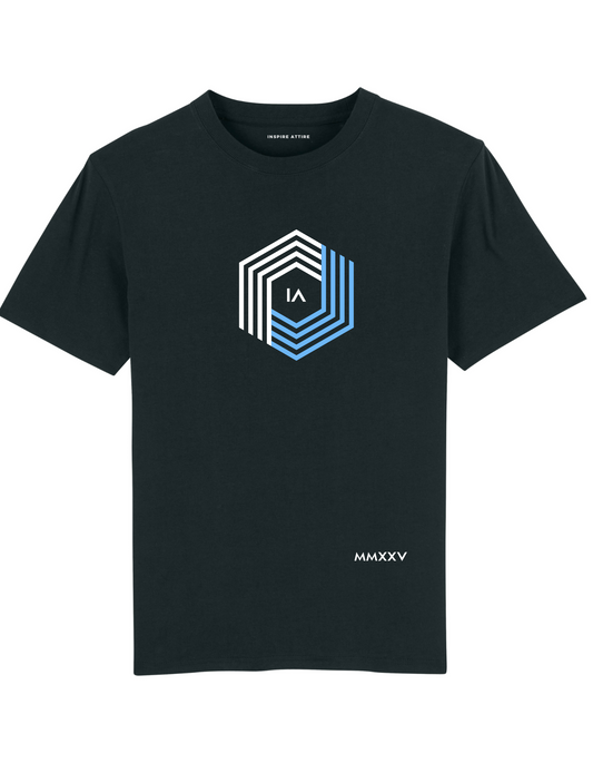 Hexagon, White & Blue, T-shirt Black